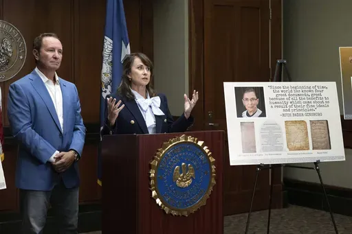 Louisiana Attorney General Liz Murrill speaks alongside Louisiana Gov. Jeff Landry during a press conference regarding the Ten Commandments in schools Monday, Aug. 5, 2024, in Baton Rouge, La. (Hilary Scheinuk/The Advocate via AP, File)