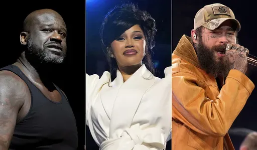 This combination of photos shows Shaquille O'Neal in Scottsdale, Ariz., on Feb. 10, 2023, from left, Cardi B in West Allis, Wis., on Nov. 1, 2024, and Post Malone in Nashville, Tenn., on Nov. 8, 2023. (AP Photo)