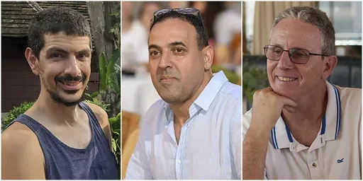 This combination of undated photos provided by Hostages Family Forum show Or Levy, Eli Sharabi and Ohad Ben Ami, all of whom were abducted and brought to Gaza on Oct. 7, 2023. (Hostages Family Forum via AP)