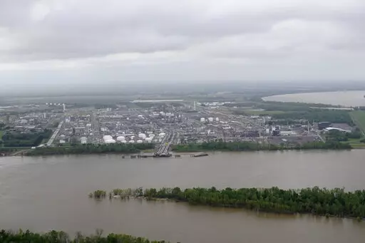 A Dow North America plant is seen in this aerial photo from in Plaquemine, La., Monday, April 11, 2022. People in Plaquemine are urged to go inside, turn off their air conditioners and close all doors due to a chlorine release at the plant, according to an emergency notification from the Iberville Parish Council and the Dow Louisiana Operations Facebook page on Monday, April 18.  (AP Photo/Gerald Herbert)