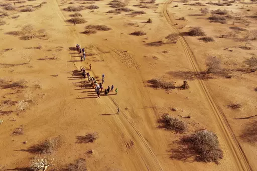 People arrive at a displacement camp on the outskirts of Dollow, Somalia, Sept. 21, 2022 amid a drought. A new report says an estimated 43,000 people died amid the longest drought on record in Somalia last year and half of them likely were children. (AP Photo/Jerome Delay, File)