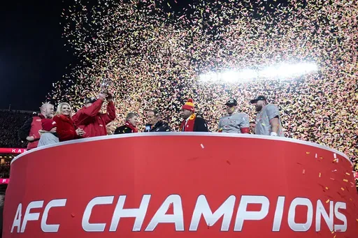 The Kansas City Chiefs celebrate after the AFC Championship NFL football game against the Buffalo Bills, Sunday, Jan. 26, 2025, in Kansas City, Mo. (AP Photo/Ashley Landis)