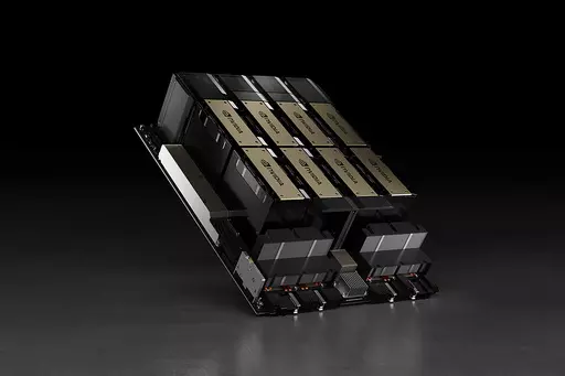 This photo provided by the chipmaker Nvidia shows the company’s HGX H100 module, which can use as many as eight AI chips to train artificial intelligence systems and perform other tasks. Such AI chips are tiny slivers of silicon designed to simplify and speed up the development of artificial intelligence systems such as ChatGPT, making them one of the hottest items in technology. (Nvidia via AP)