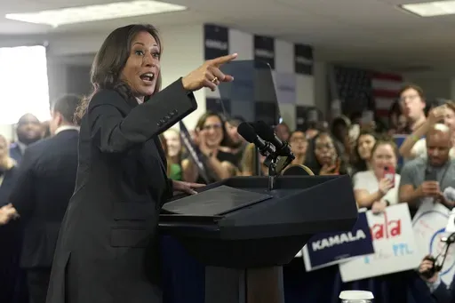 Vice President Kamala Harris speaks at her campaign headquarters in Wilmington, Del., Monday, July 22, 2024. (Erin Schaff/The New York Times via AP, Pool)