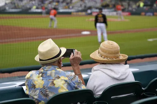 Baseball fans watch a spring training exhibition baseball game between the Pittsburgh Pirates and the Baltimore Orioles in Bradenton, Fla., March 22, 2021. (AP Photo/Gene J. Puskar, File)