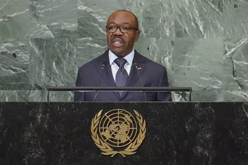 President of Gabon Ali Bongo Ondimba addresses the 77th session of the United Nations General Assembly, Wednesday, Sept. 21, 2022 at U.N. headquarters. Nearly a dozen soldiers took to state television and said they were overturning the presidential election and called for calm among the population Wednesday, Aug. 30, 2023.(AP Photo/Mary Altaffer, File)