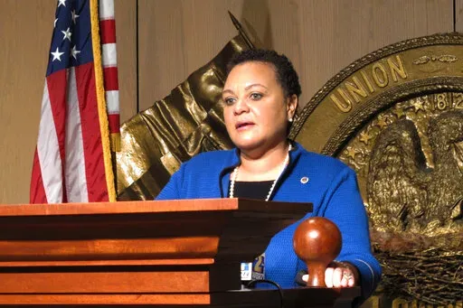 Then-state Sen. Karen Carter Peterson, D-New Orleans, speaks on Jan. 20, 2021, in Baton Rouge, La. The former Louisiana legislator and state Democratic Party leader was sentenced to 22 months in prison Wednesday, Jan. 11, 2023, for federal wire fraud. (AP Photo/Melinda Deslatte, File)