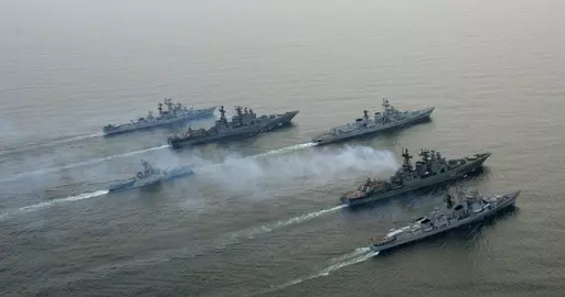 FILE- Russian and Indian warships take part in joint naval exercises near the Russia's Pacific port of Vladivostok, about 6,400 km (4,000 miles) east of Moscow, April 26, 2007. India considers Russia a time-tested ally from the Cold War era with key cooperation in defense, oil, nuclear energy and space exploration. But that partnership has become fraught since Moscow started developing closer ties with India's main rival, China, because of the war against Ukraine. (AP Photo, File)
