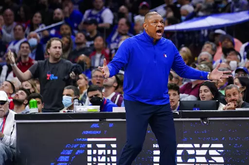 Philadelphia 76ers' Doc Rivers reacts during the second half of Game 2 of an NBA basketball first-round playoff series against the Toronto Raptors, Monday, April 18, 2022, in Philadelphia. (AP Photo/Matt Slocum)