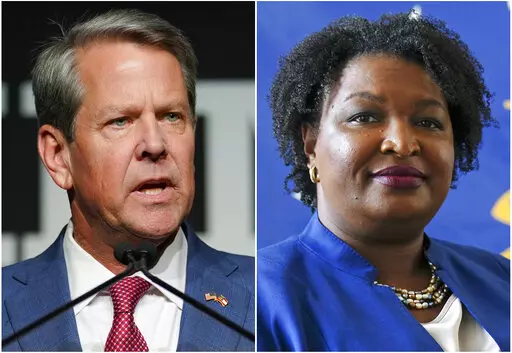 This combination of file photos shows Georgia Gov. Brian Kemp, left, on May 24, 2022, in Atlanta, and gubernatorial Democratic candidate Stacey Abrams on Aug. 8, 2022, in Decatur, Ga. The Georgia governor's race is a rematch of 2018, when Kemp narrowly defeated Abrams. (AP Photo/John Bazemore)