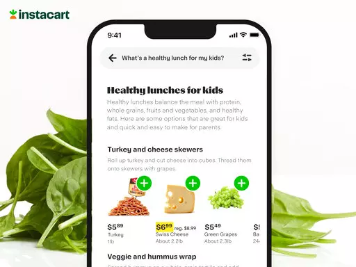 This illustration released by Instacart depicts the grocery delivery company's app which can integrate ChatGPT to answer customers' food questions. (Instacart, Inc. via AP)