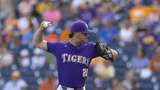 LSU's Paul Skenes pitches against Tennessee in a baseball game at the NCAA College World Series in Omaha, Neb., on Saturday, June 17, 2023. Skenes, a hard-throwing pitcher who struck out 209 batters in 122 innings for the Tigers, could be the first pick in Sunday night's Major League Baseball draft.(AP Photo/Rebecca S. Gratz, File)