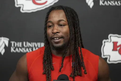 Kansas City Chiefs running back Kareem Hunt addresses the media before NFL football practice, Thursday, Jan. 30, 2025, in Kansas City, Mo. (AP Photo/Charlie Riedel)