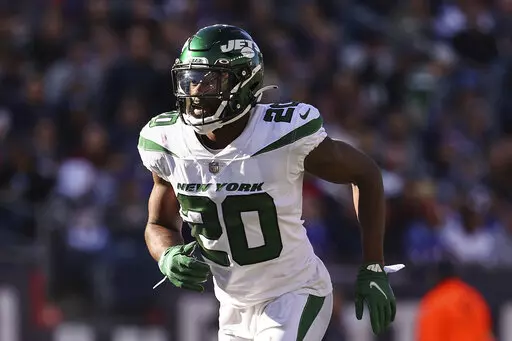New York Jets' Marcus Maye plays in the team's NFL football game against the New England Patriots on Oct. 24, 2021 in Foxborough, Mass. The New Orleans Saints say former Jets safety Maye has agreed on a three-year, free-agent contract with New Orleans. The move was announced by the club shortly after the NFL's 2022 free agency period began on Wednesday, March 16. (AP Photo/Winslow Towson, File)