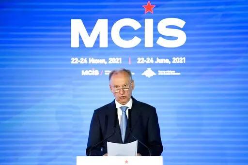 Russia's security council secretary Nikolai Patrushev delivers his speech at the IX Moscow conference on international security in Moscow, Russia, on June 24, 2021. With all eyes on a possible Russia invasion of Ukraine, Russian President Vladimir Putin is sending his top security envoy to the Balkans where Moscow has been trying to maintain influence mainly through its ally Serbia. Serbia’s pro-government media said Monday Nikolai Patrushev, the powerful secretary of the Kremlin’s Security 