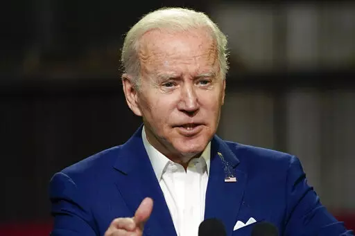 President Joe Biden speaks at POET Bioprocessing in Menlo, Iowa, April 12, 2022.  Biden plans to mark Earth Day in Seattle on Friday, but he's struggled to make progress on a sweeping environmental agenda. Some of his plans for fighting climate change remain stalled on Capitol Hill, particularly hundreds of billions of dollars for tax credits to support clean energy. (AP Photo/Carolyn Kaster)