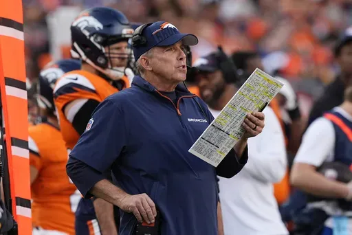 Denver Broncos head coach Sean Payton looks on during the second half of an NFL football game against the Los Angeles Chargers, Sunday, Oct. 13, 2024, in Denver. (AP Photo/David Zalubowski)