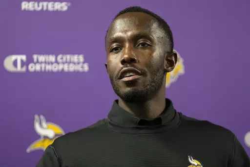 Minnesota Vikings general manager Kwesi Adofo-Mensah speaks to the media during an NFL football press conference in Eagan, Minn., Friday, April 28, 2023. (AP Photo/Abbie Parr)