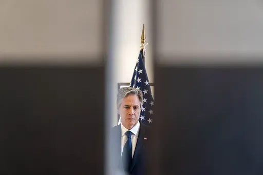 U.S. Secretary of State Antony Blinken waits behind closed doors before giving a joint statement with British Foreign Secretary James Cleverly on the situation in Sudan during a G7 Foreign Ministers' Meeting at The Prince Karuizawa hotel in Karuizawa, Japan, Monday, April 17, 2023. (AP Photo/Andrew Harnik, Pool)
