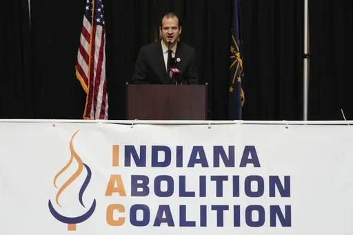 David Frank speaks during a gathering of the Indiana Abolition Coalition at the Statehouse, Thursday, Dec. 12, 2024, in Indianapolis. (AP Photo/Darron Cummings)