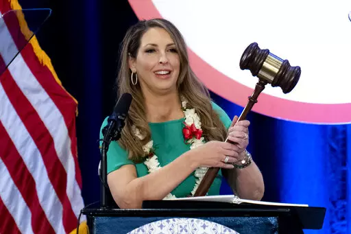Re-elected Republican National Committee Chair Ronna McDaniel holds a gavel while speaking at the committee's winter meeting in Dana Point, Calif., Friday, Jan. 27, 2023. (AP Photo/Jae C. Hong)