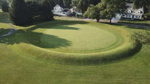 A 155-foot diameter circular enclosure around hole number 3 at Moundbuilders Country Club at the Octagon Earthworks in Newark, Ohio, is pictured July 30, 2019. A trial was slated to begin Tuesday, May 28, 2024, to determine how much the historical society must pay for the ancient ceremonial and burial earthworks, which is among eight ancient areas in the Hopewell Earthworks system named a World Heritage Site last year. (Doral Chenoweth III/The Columbus Dispatch via AP, File)