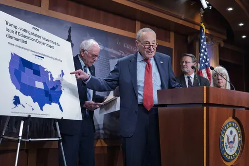 Senate Minority Leader Chuck Schumer, D-N.Y., and fellow Democrats, from left, Sen. Bernie Sanders, I-Vt., Sen. Gary Peters, D-Mich., and Sen. Patty Murray, D-Wash., criticize President Donald Trump for his plan to shut down the Education Department, during a news conference at the Capitol, in Washington, Thursday, March 6, 2025. (AP Photo/J. Scott Applewhite)