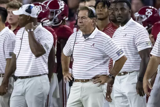 Alabama coach Nick Saban watches during the first half of the team's NCAA college football game against Utah State, Saturday, Sept. 3, 2022, in Tuscaloosa, Ala. (AP Photo/Vasha Hunt)