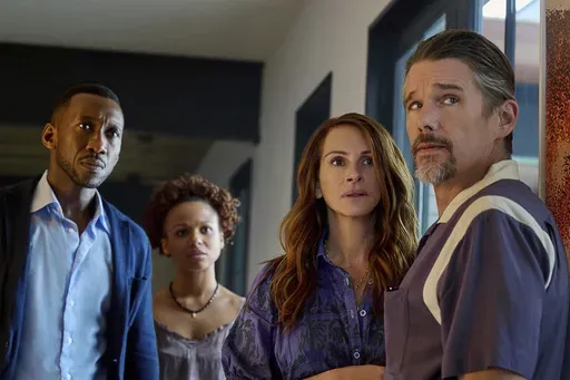 This image released by Netflix shows Mahershela Ali from left, Myha'la Herrold, Julia Roberts and Ethan Hawke in a scene from "Leave the World Behind." (JoJo Whilden/Netflix via AP)