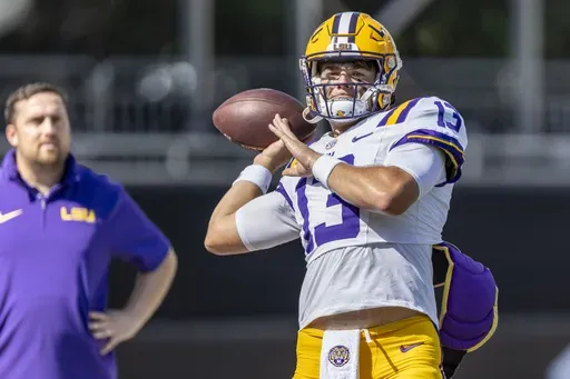 LSU quarterback Garrett Nussmeier (13) during an NCAA football game, Sept. 16, 2023, in Starkville, Miss. (AP Photo/Vasha Hunt, File)