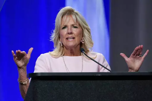 First lady Jill Biden speaks at the 125th Anniversary Convention of the National Parent Teacher Association (PTA) in National Harbor, Md., Friday, June 17, 2022. (AP Photo/Susan Walsh)