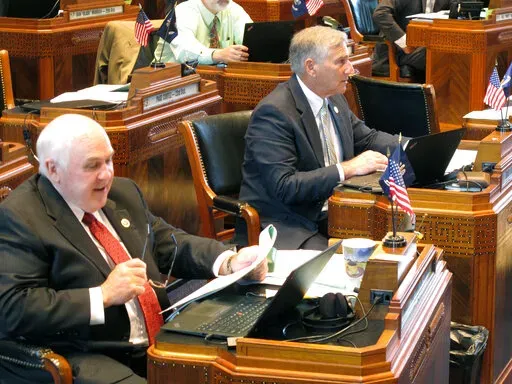 Sens. Mack "Bodi" White, R-Baton Rouge, left; and Eddie Lambert, R-Gonzales, work on the Senate floor on Sunday, June 3, 2018, in Baton Rouge, La. Sen. Eddie Lambert, R- Gonzales, is the sponsor of an amendment that converted a bill doing away with the need for permits to carry concealed weapons into a bill allowing teachers trained in the use of firearms to carry guns on school campuses.(AP Photo/Melinda Deslatte, File)