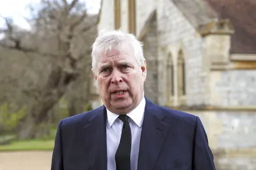 Britain's Prince Andrew speaks during a television interview at the Royal Chapel of All Saints at Royal Lodge, Windsor, April 11, 2021. Lawyers for Prince Andrew and Virginia Giuffre have filed their initial requests for witnesses in her lawsuit accusing the British royal of sexually abusing her at age 17. The prince has strenuously denied Giuffre’s allegations, telling the BBC in 2019 that sex with Giuffre “didn’t happen” and that he had “no recollection” of meeting her. (Steve Pars