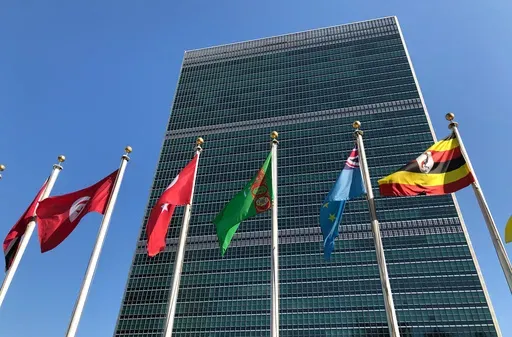 Flags fly outside the United Nations headquarters Sept. 28, 2019. (AP Photo/Jennifer Peltz, File)