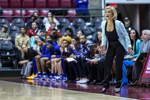 LSU head coach Kim Mulkey yells to her players during the second half of an NCAA college basketball game against Alabama, Monday, Jan. 23, 2023, in Tuscaloosa, Ala. (AP Photo/Vasha Hunt)