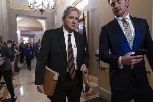 Sen. John Kennedy, R-La., departs after Senate Republicans met behind closed-doors to hold their leadership elections, at the Capitol in Washington, Wednesday, Nov. 16, 2022. Senate Minority Leader Mitch McConnell, R-Ky., held off a challenge by Sen. Rick Scott, R-Fla., an ally of former President Donald Trump. (AP Photo/J. Scott Applewhite)