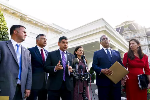 Congressional Hispanic Caucus Chairman Rep. Raul Ruiz, D-Calif., accompanied by from left, Rep. Darren Soto, D-Fla., Rep. Tony Cardenas, D-Calif., Rep. Nanette Barragan, D-Calif., Rep. Adriano Espaillat, D-N.Y., and Rep. Teresa Leger Fernandez, D-N.M., speaks to members of the media following a meeting with President Joe Biden at the White House in Washington, Monday, April 25, 2022. (AP Photo/Andrew Harnik)