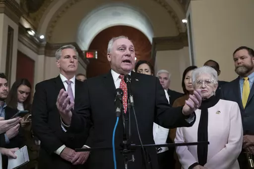 House Majority Leader Steve Scalise, R-La., is flanked by Speaker of the House Kevin McCarthy, R-Calif., left, and Rep. Virginia Foxx, R-N.C., as he talks to reporters at the Capitol in Washington, March 24, 2023. House Republicans are set to approve a sprawling energy package that counters virtually all of President Joe Biden's agenda to address climate change. (AP Photo/J. Scott Applewhite, File)