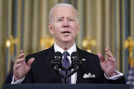 President Joe Biden speaks about his proposed budget for fiscal year 2023 in the State Dining Room of the White House, Monday, March 28, 2022, in Washington. (AP Photo/Patrick Semansky)