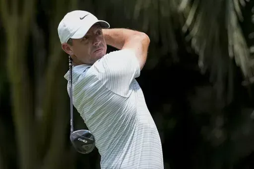Rory McIlroy, of Northern Ireland, watches his tee shot on the second hole during the third round of the RBC Heritage golf tournament, Saturday, April 20, 2024, in Hilton Head Island, S.C. (AP Photo/Chris Carlson)