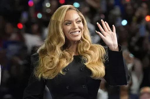 Beyonce appears at a campaign event for Democratic presidential nominee Vice President Kamala Harris in Houston, on Oct. 25, 2024. (AP Photo/Susan Walsh, File)