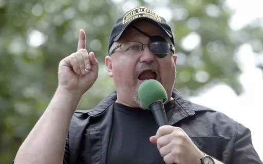 Stewart Rhodes, founder of the Oath Keepers, speaks during a rally outside the White House in Washington, June 25, 2017. Rhodes has been sentenced to 18 years in prison for seditious conspiracy in the Jan. 6, 2021, attack on the U.S. Capitol. He was sentenced Thursday after a landmark verdict convicting him of spearheading a weekslong plot to keep former President Donald Trump in power. (AP Photo/Susan Walsh, File)