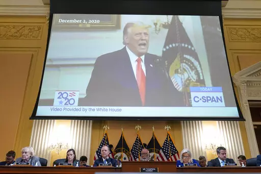 A video exhibit is displayed as the House select committee investigating the Jan. 6 attack on the U.S. Capitol continues to reveal its findings of a year-long investigation, at the Capitol in Washington, Tuesday, June 21, 2022. (AP Photo/Jacquelyn Martin)