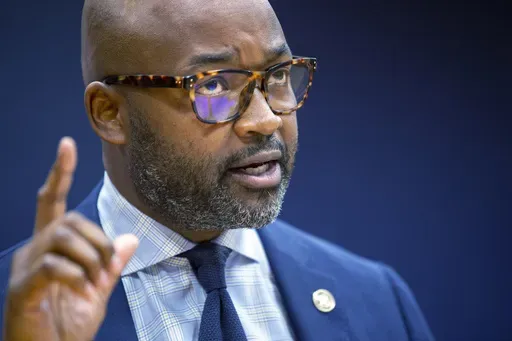 New Orleans District Attorney Jason Williams talks during a news conference at his office, Jan. 19, 2022, in New Orleans. (Chris Granger/The Times-Picayune/The New Orleans Advocate via AP, File)