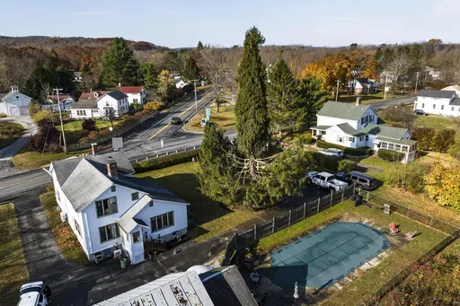 In this image take with a drone, a Norway spruce, this year’s Rockefeller Center Christmas tree, is prepared for harvest, Wednesday, Oct. 30, 2024, in West Stockbridge, Mass. (AP Photo/Rodrique Ngowi)