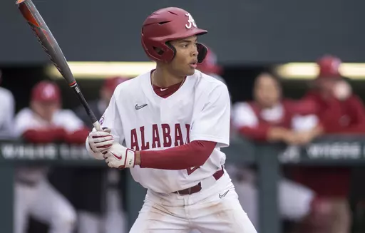 Alabama's Andrew Pinckney bats against Xavier during an NCAA college baseball game Feb. 18, 2022, in Tuscaloosa, Ala. Alabama is led by second-team All-SEC outfielder Pinckney, leading hitter Tommy Seidl and top starter Luke Holman. (AP Photo/Vasha Hunt, File)