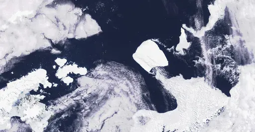 This images provided by Maxar Technologies shows the A23a iceberg moving through the sea sea near the Antarctica, on Wednesday Nov. 15, 2023. One of the world’s largest icebergs, known as A23a, appears to be moving beyond Antarctic waters after being grounded for more than three decades, according to the British Antarctic Survey. (Satellite image ©2023 Maxar Technologies via AP)