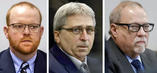 This photo combo shows, from left, Travis McMichael, William "Roddie" Bryan, and Gregory McMichael during their trial at at the Glynn County Courthouse in Brunswick, Ga.  The jury is deliberating in the federal hate crimes trial of three white men in the killing of Ahmaud Arbery. Jurors discussed the case for three hours Monday, Feb. 21, 2022,  and were to resume Tuesday morning. The three men are serving life sentences for the murder of the 25-year-old Black man.   (Pool, File)