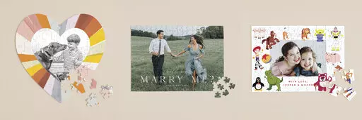 This combination of images shows a variety of personalized puzzles offered by Minted. There are square and heart-shaped layouts, and you can pick black & white or color reproductions. It’s a nice way to celebrate family moments. (Minted via AP)