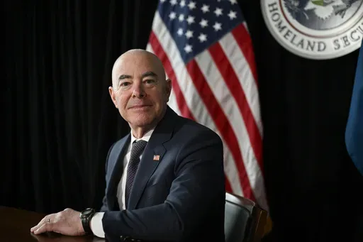 Outgoing Homeland Security Secretary Alejandro Mayorkas during a press interview on Friday, Jan. 10, 2025, in Washington. (AP Photo/John McDonnell)